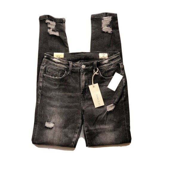 BRIDGE BY GLY Women's Black Destruct Denim Mid-Rise Skinny Stretch Jeans - Picture 2 of 12